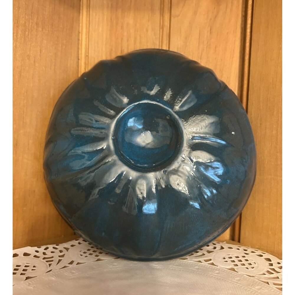 Handmade Teal Blue Studio Pottery Ceramic Bowl Floral Design Artist Signed TT